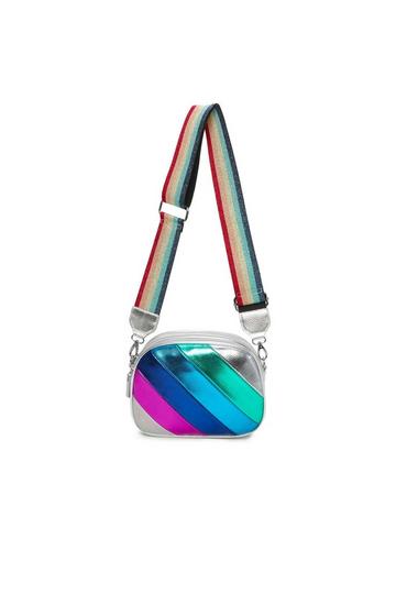 Rainbow Style Metallic Stripes Triple Compartments Crossbody Bag Silver