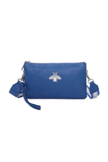 Blue Double Zip Comparment Small Bee Detail Purse Crossbody Bag With Canvas Strap