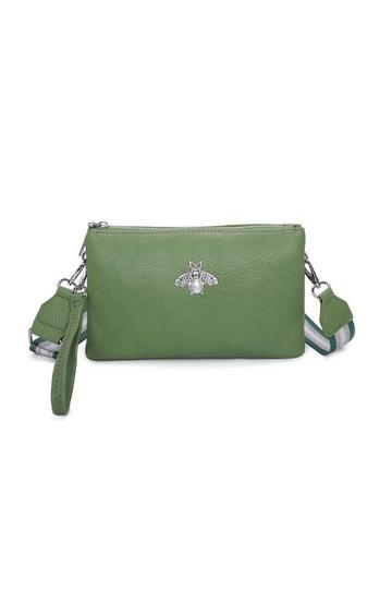 Green Double Zip Comparment Small Bee Detail Purse Crossbody Bag With Canvas Strap