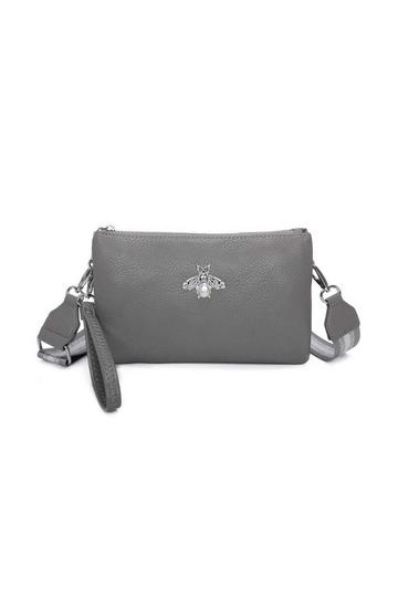 Grey Double Zip Comparment Small Bee Detail Purse Crossbody Bag With Canvas Strap