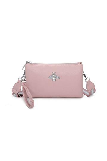 Pink Double Zip Comparment Small Bee Detail Purse Crossbody Bag With Canvas Strap