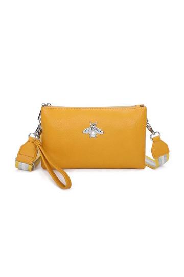 Yellow Double Zip Comparment Small Bee Detail Purse Crossbody Bag With Canvas Strap