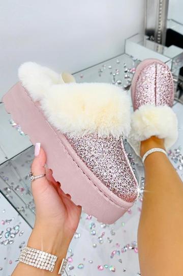 Pink Sparkly Glitter Snugg Platform Slippers