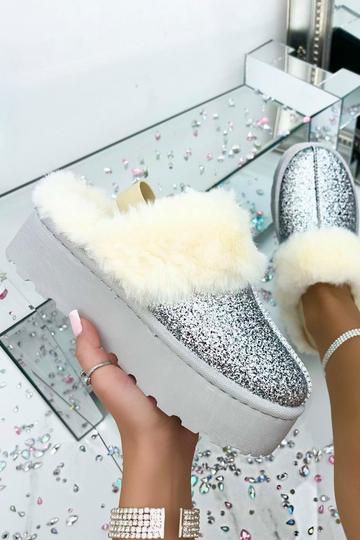 Sparkly Glitter Snugg Platform Slippers Silver