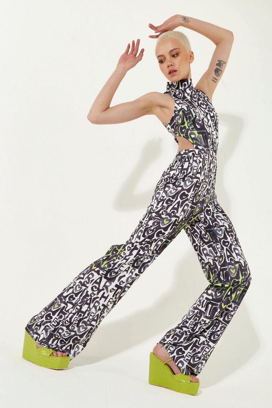 Multi Abstract Print High Neck Jumpsuit With A Cut Out Back image number 1