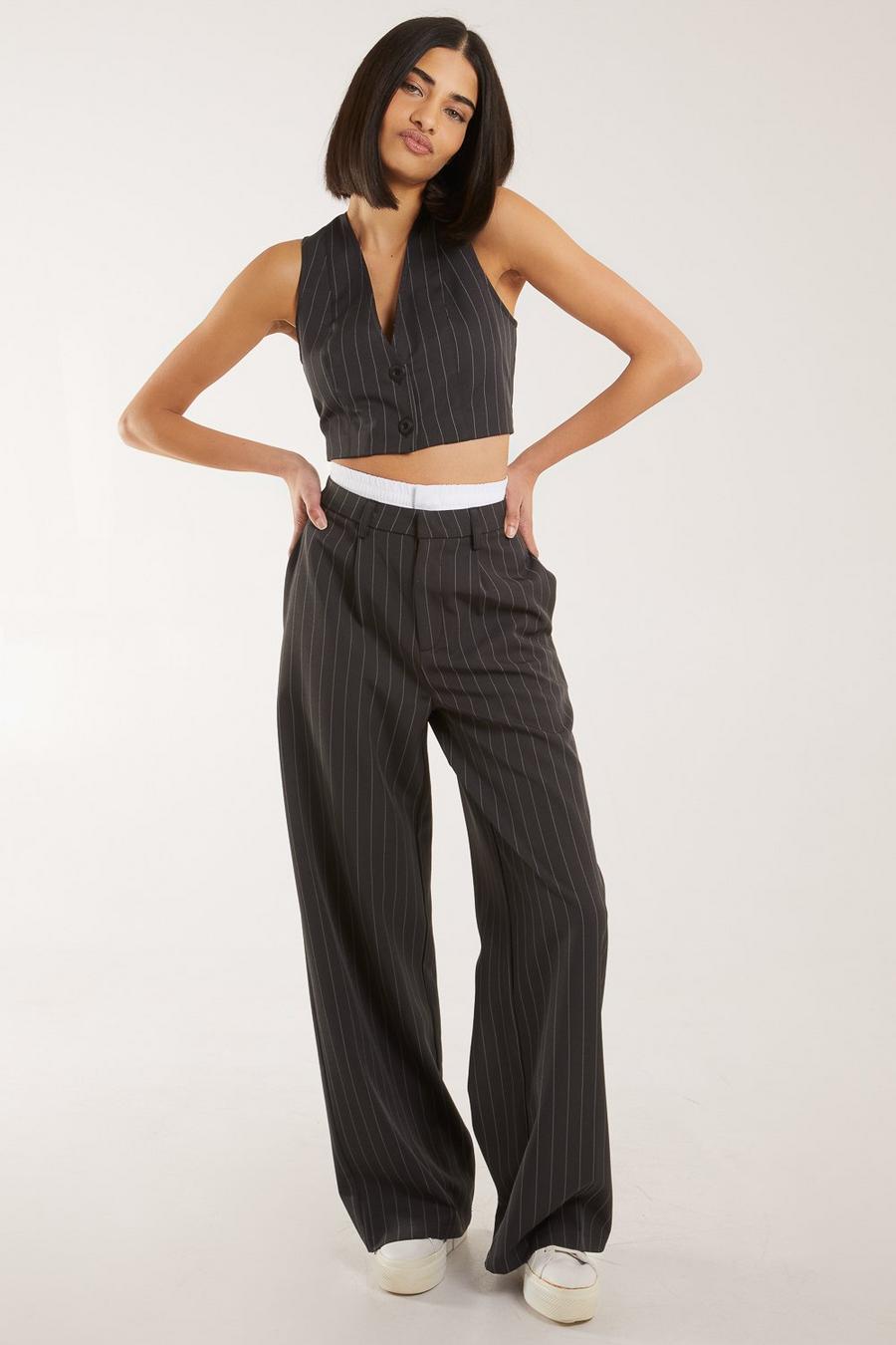 Charcoal Boxer Style Waist Pinstripe Trousers image number 1