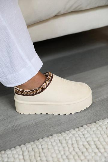 'Freeze' Flatform Embroidered Low Ankle Slipper Boots Cream