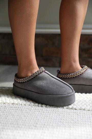 Grey 'Freeze' Flatform Embroidered Low Ankle Slipper Boots