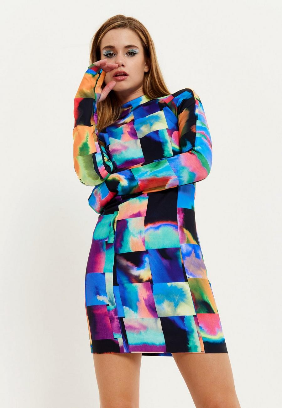 Multi Abstract Patchwork Print Dress With Open Back Detail
