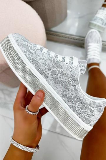 Crystal Lace Trim Trainers White