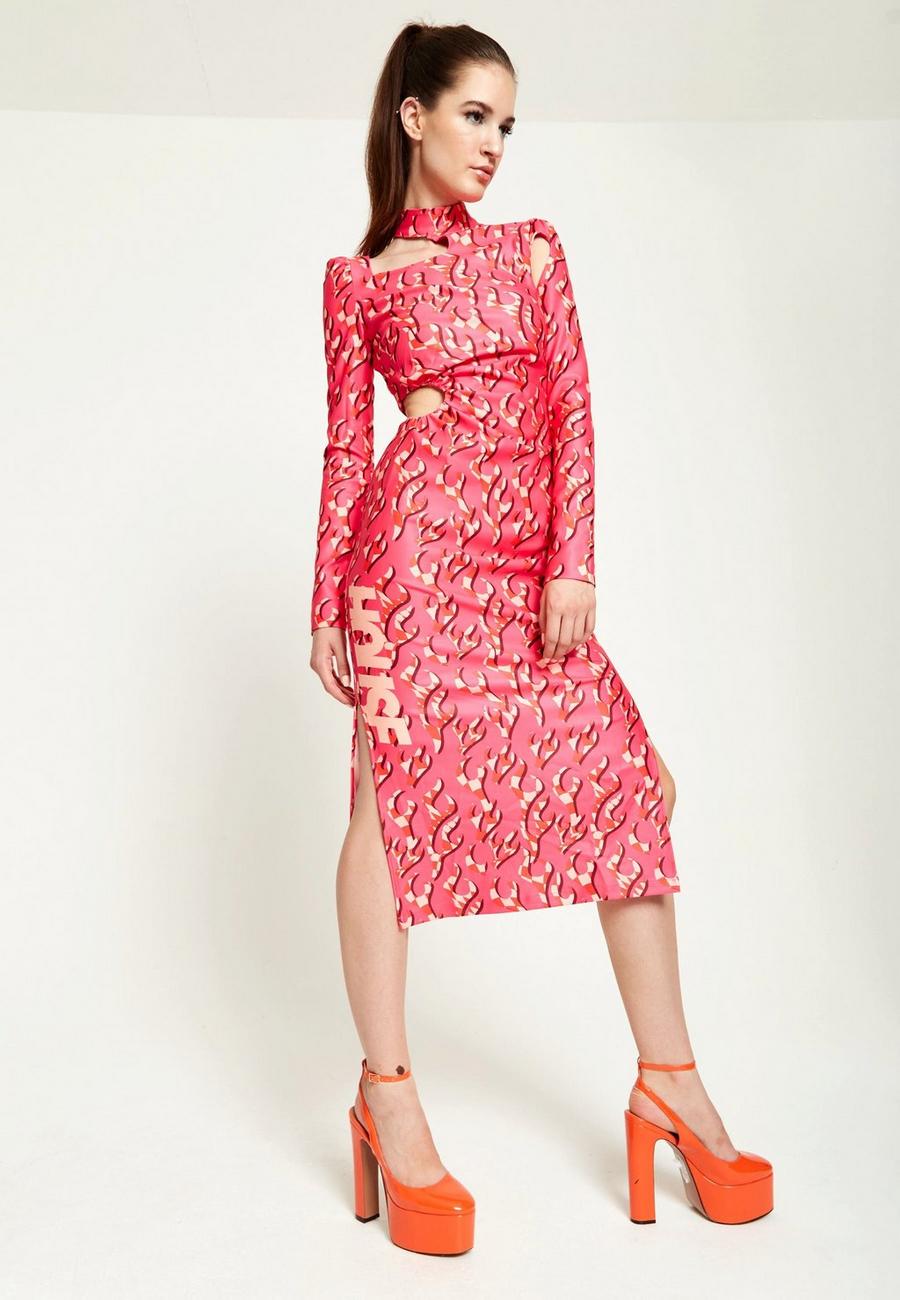 Pink Flame Clashing Colours Midi Dress With Cut Out Details image number 1