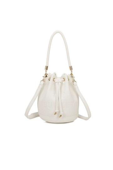 Small Drawstring Top-Handle Bucket Bag with Crossbody Strap White