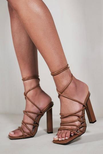 'Emilia' High Heels With A Tie Leg And Cross Over Strap Detail Brown