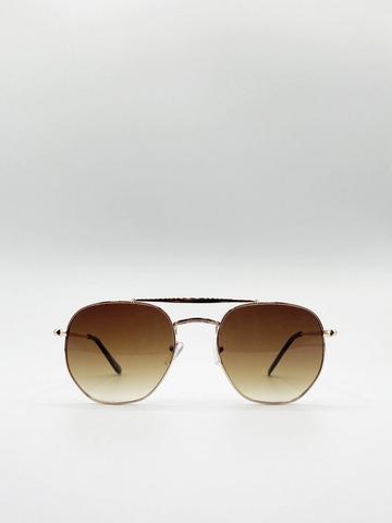 Gold Metallic Double Bridge Metal Sunglasses With Gradient Lenses