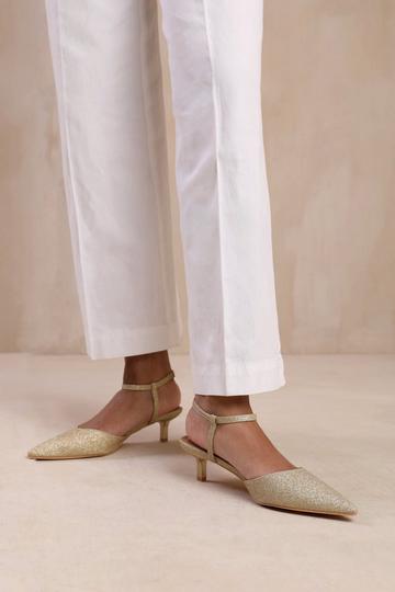 'Greece' Wide Fit Low Kitten Heels Pointed Toe Ankle Strap Gold