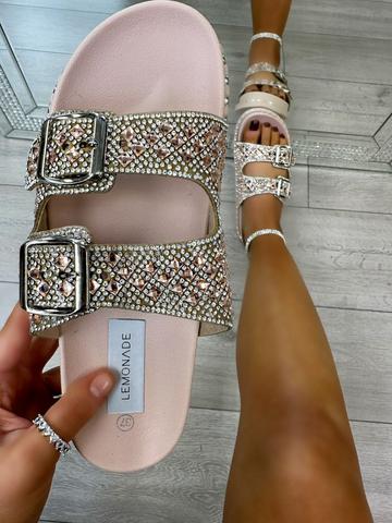 Pink Rhinestone Double Buckle Sliders