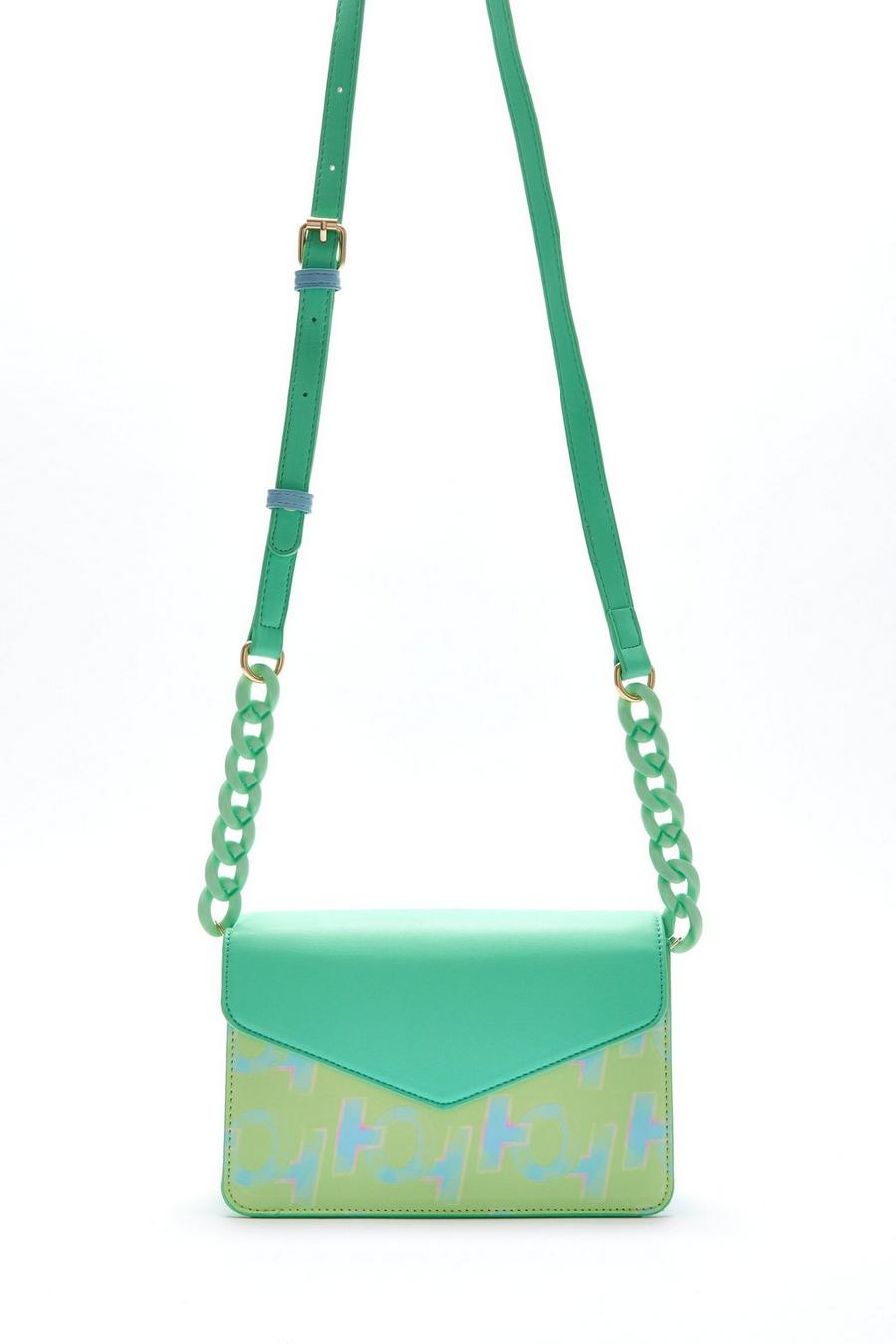Green Cross Body Bag In Mint And Pistachio With A Logo Print And Chain Detail Strap