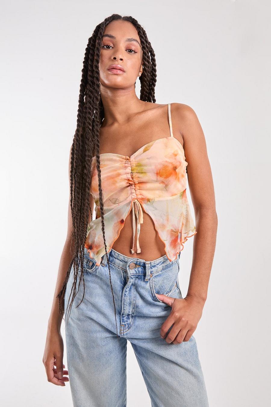 Orange Distressed Mesh Butterfly Cami Top image number 1