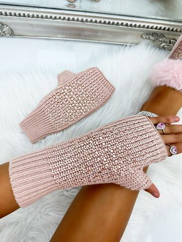 Pink Crystal Droplet Sparkly Cashmere Blend Fingerless Gloves