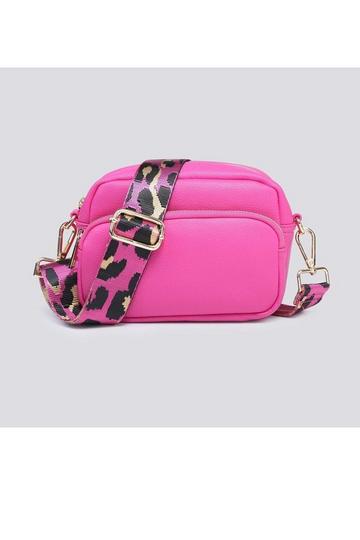 Stylish Double Zipper Crossbody Bag with Canvas Strap Fuchsia