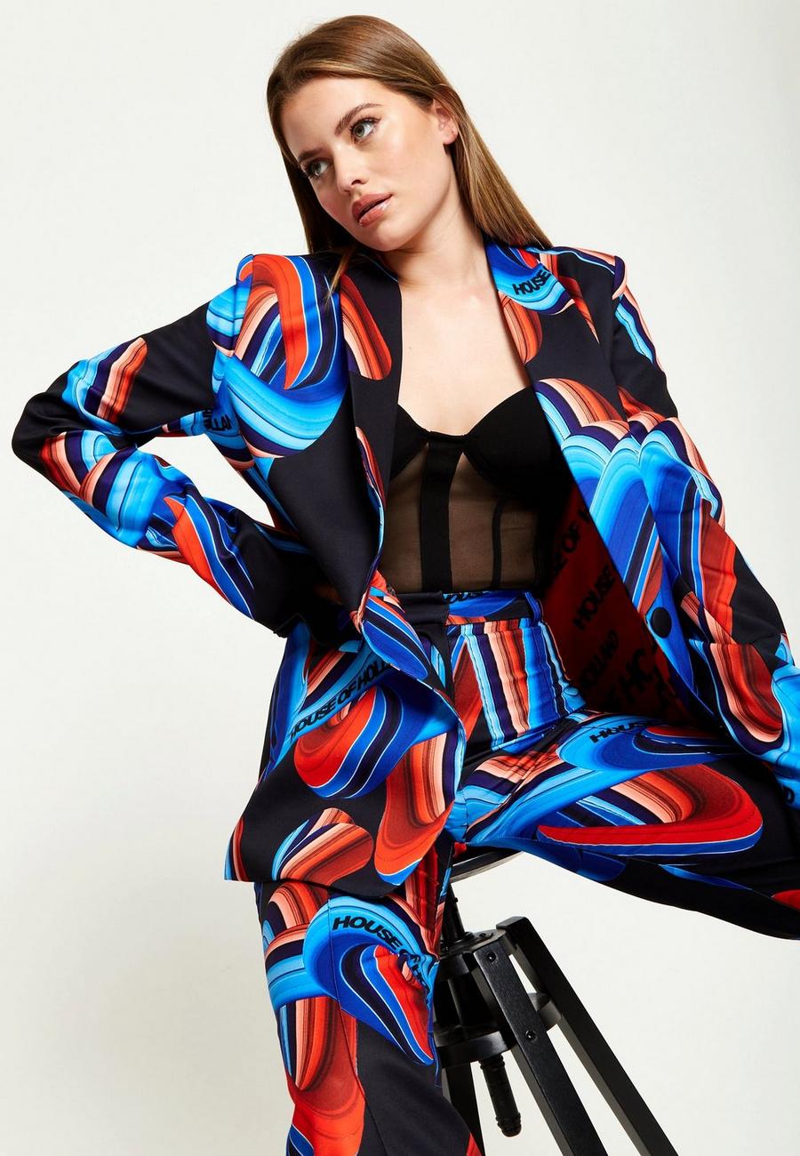 Multi Abstract Print Blazer In Black, Red And Blue image number 1