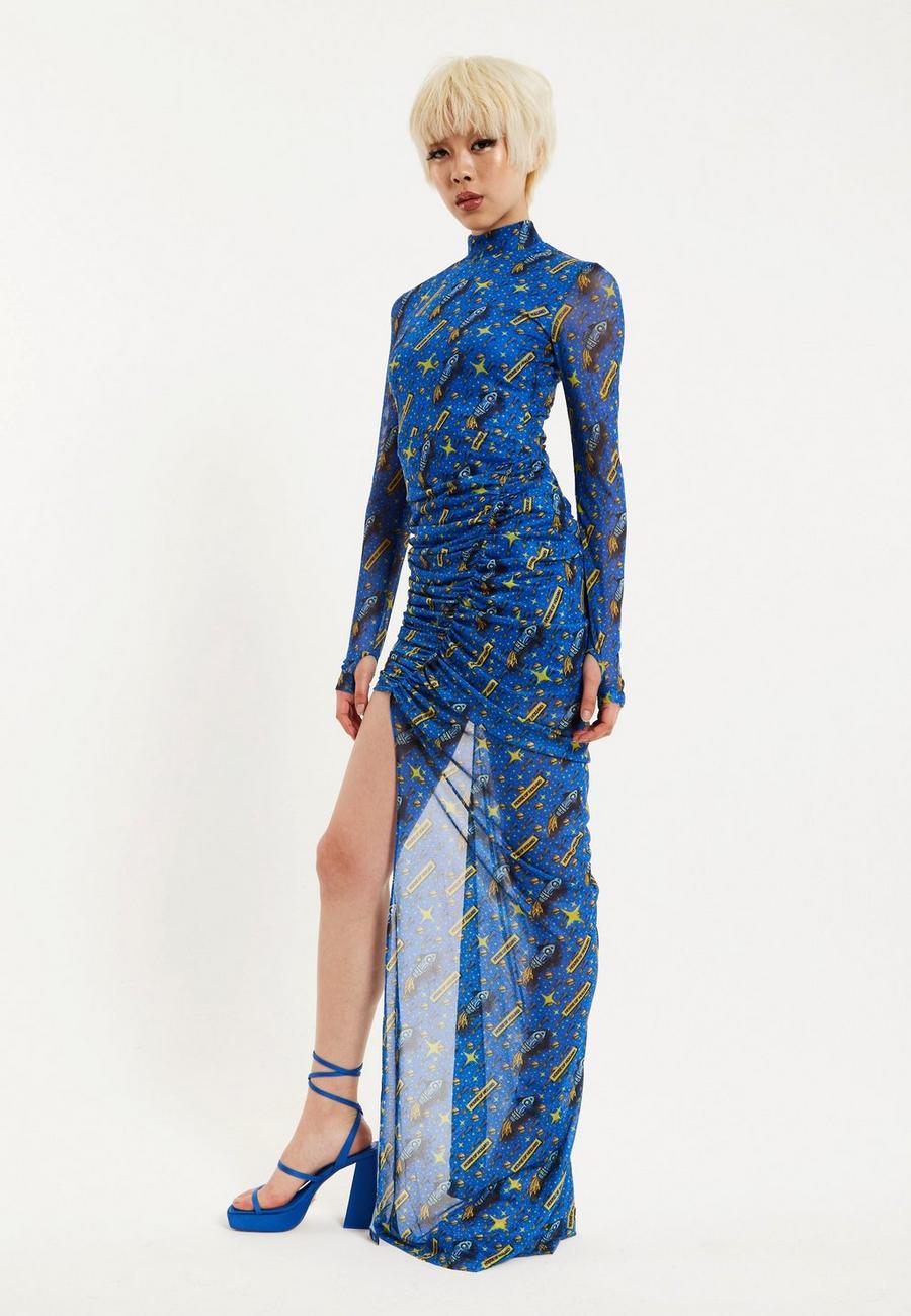 Blue Rocket Print Mesh Dress