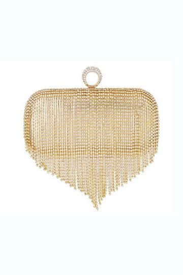 Gold Metallic Crystal Rhinestones Evening Clutch Glitter Handbag with Chain