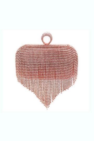 Rose Pink Crystal Rhinestones Evening Clutch Glitter Handbag with Chain