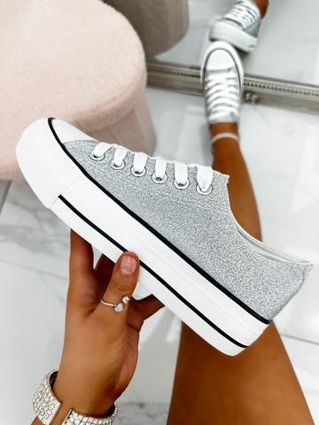 Sparkly Glitter Canvas Trainers Silver