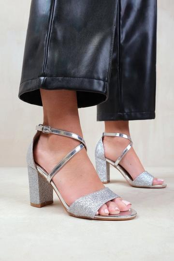 Silver 'Ruth' Wide Fit High Block Heel Sandals With Cross Over Ankle Strap