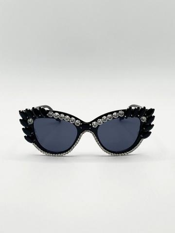 Cateye Sunglasses with Black and Silver crystals Black