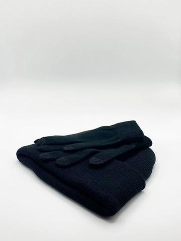 Black Knitted Beanie And Gloves Set