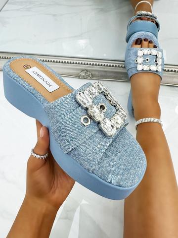 Crystal Chunky Buckle Platform Sliders Blue