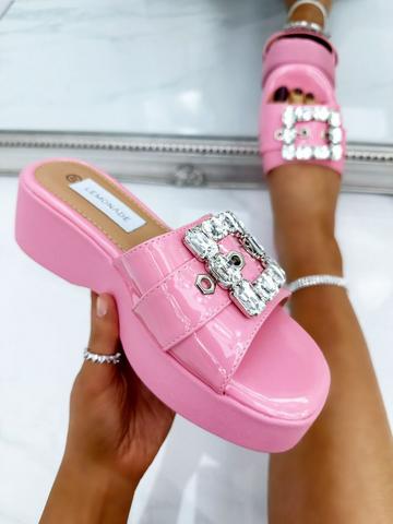 Pink Crystal Chunky Buckle Platform Sliders