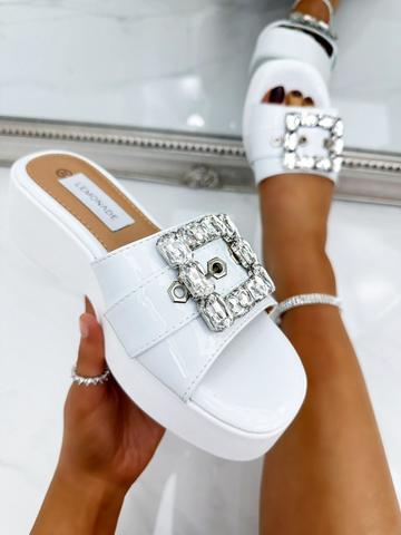 White Crystal Chunky Buckle Platform Sliders