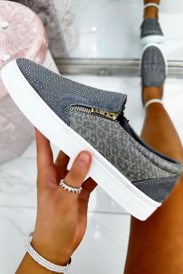 Grey Crystal Suede Zip Pumps Trainers