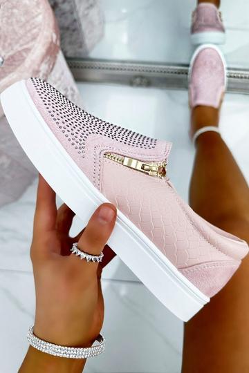 Pink Crystal Suede Zip Pumps Trainers