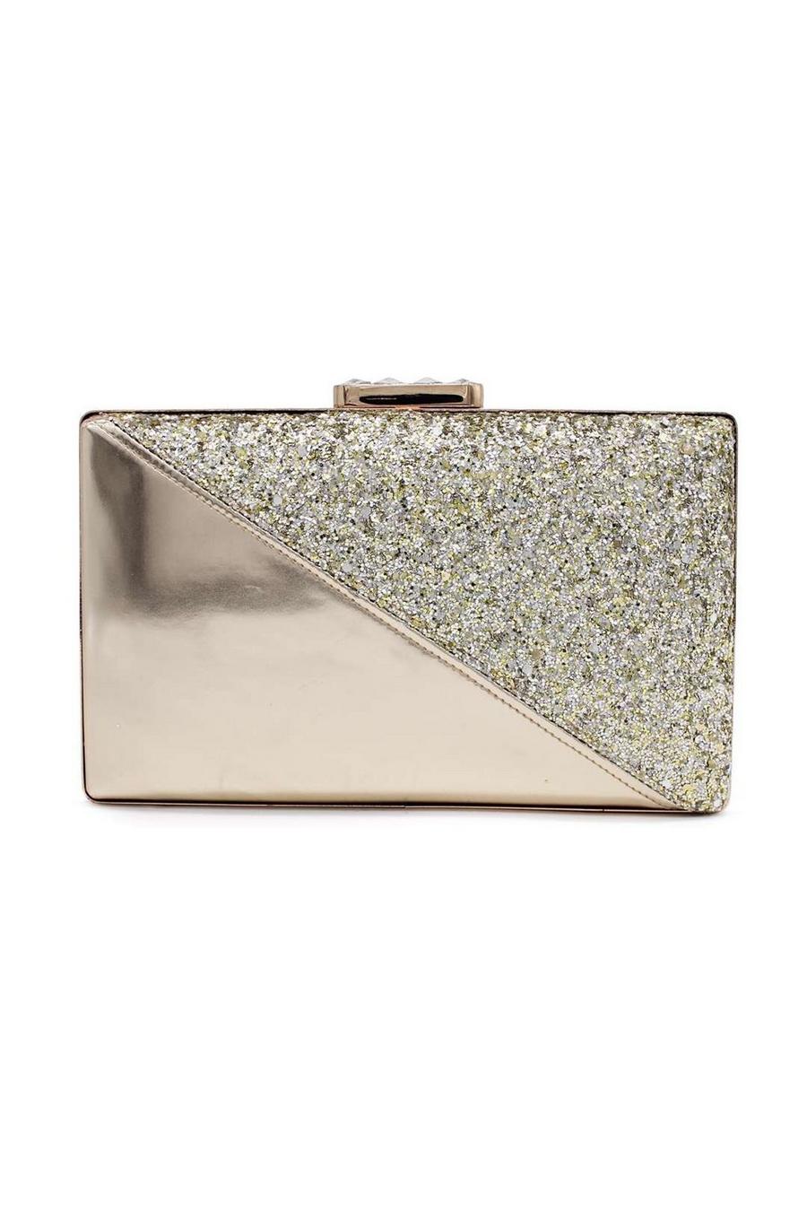 Gold Luxury Looking Half Glossy Half Glitter Evening Clutch Bag image number 1