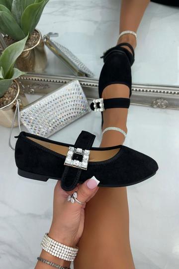 Black Sparkly Buckle Mary Jane Ballet Flats