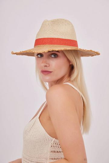 Contrast Straw Fedora with Frayed Edge Multi