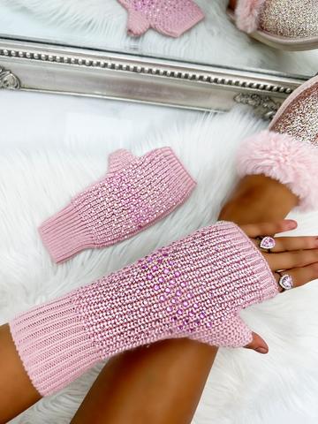 Pink Crystal Droplet Sparkly Cashmere Blend Fingerless Gloves