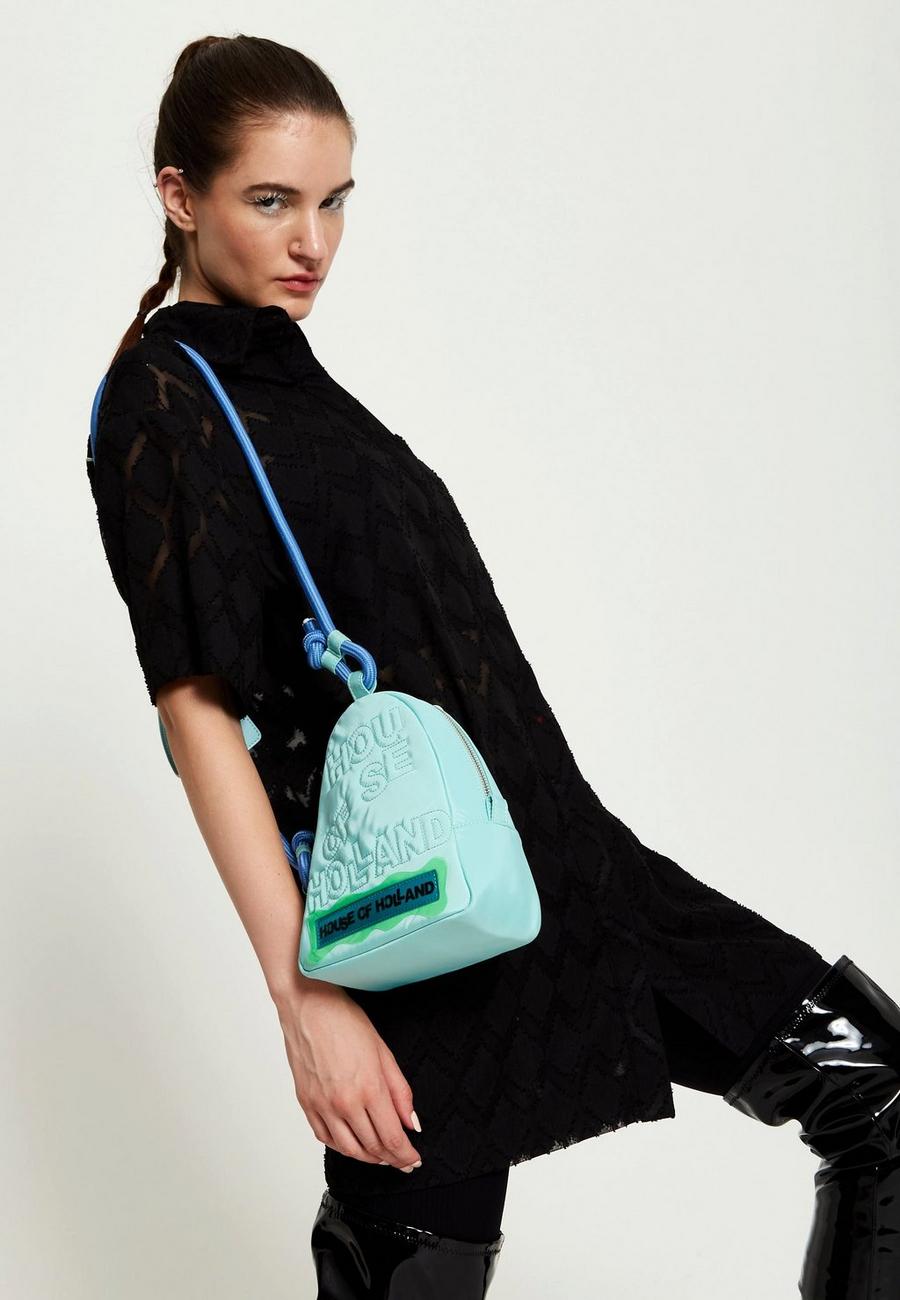 Cross Body Bag With Quilted Logo In Blue Tones And Rope Strap Detail