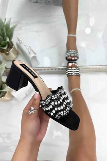 Sparkly Scalloped Detail Block Heels Black