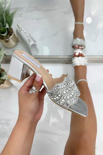 Sparkly Scalloped Detail Block Heels Silver