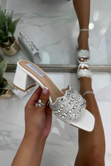 Sparkly Scalloped Detail Block Heels White