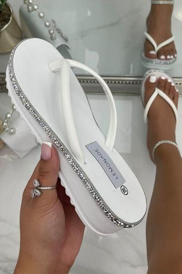 Sparkly Trim Lightweight Wedge Flip Flops White