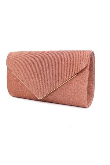 Pink Glitter Pleated V Shape Envelope Evening Bag