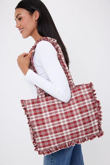 Check Tote with Ruching Detail Red