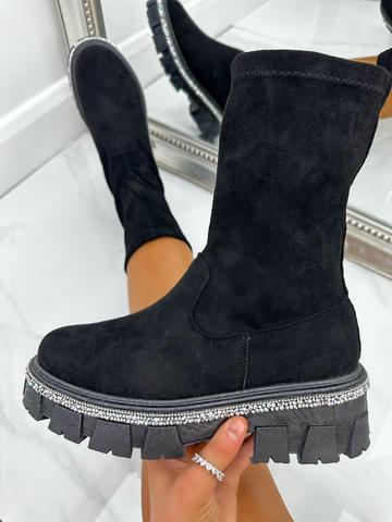 Crystal Trim Suede Sock Boots Black