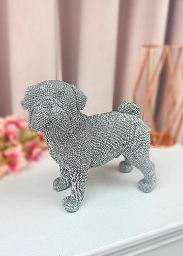 Sparkly Pug Dog Ornament Standing Metallic Silver